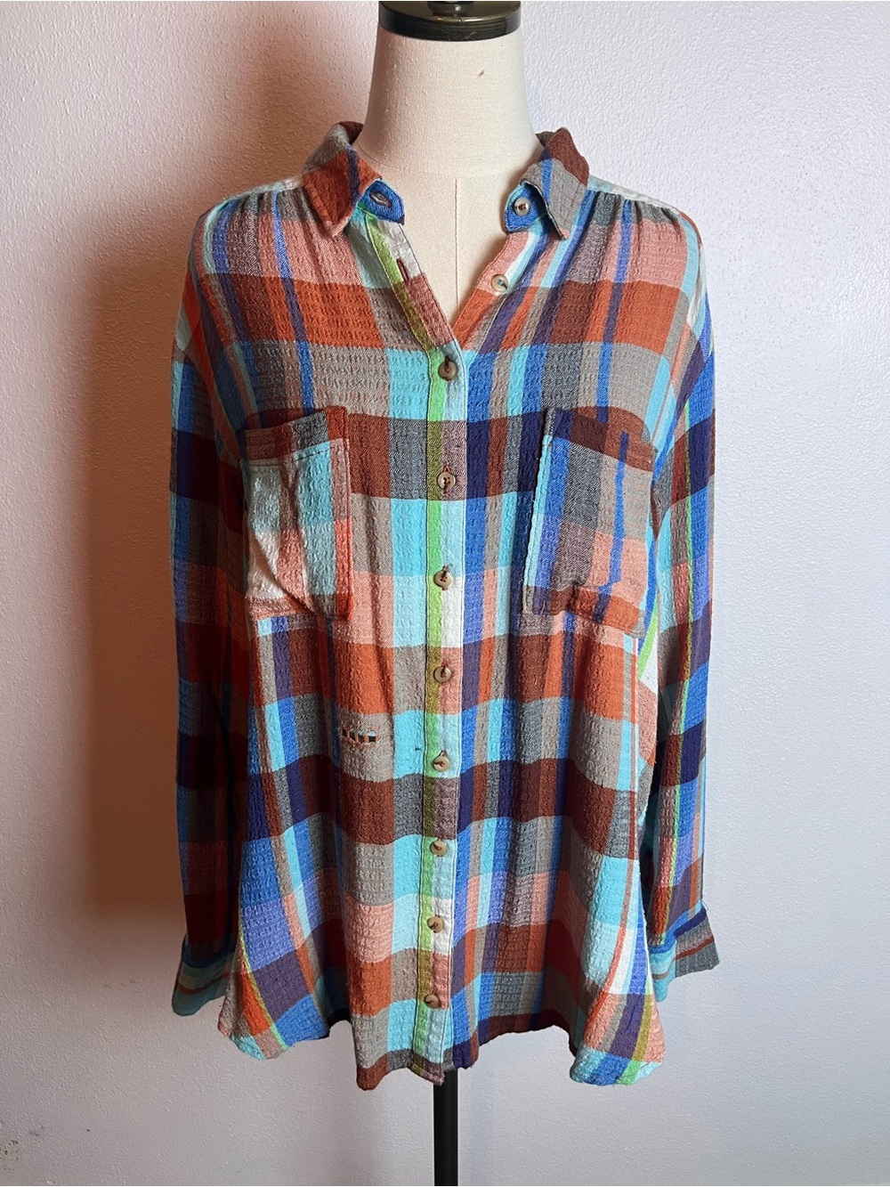 Pilcro Plaid Flannel Shirt in Rust, Blue & Mint - Picture 1 of 9